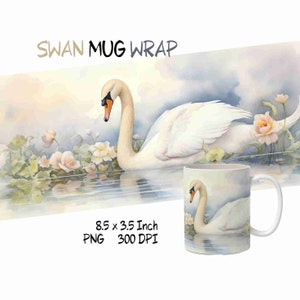 Watercolor swan mug wrap design png, animal watercolor mug wrap template, swan lover, watercolor clipart png, watercolor sublimation