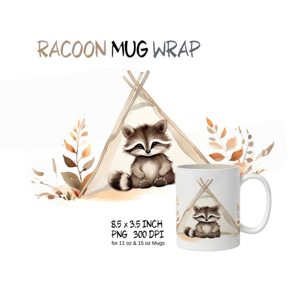 Waschbär Boho Aquarell Becher Wickel Design png, Waschbär Clipart, Waschbär Liebhaber, Camping png, Tiere im Wald, Sublimation Designs