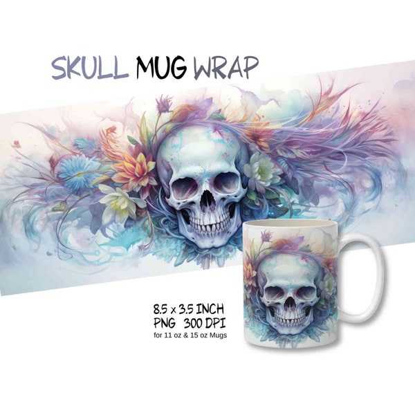 Diseño de envoltura de taza de acuarela de calavera png, calavera floral, imágenes prediseñadas de calavera, diseño de calavera png, esqueleto png, envoltura de taza de 11 oz 15 oz