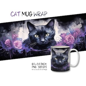 Black Cat Becker Wrap png, Halloween Clipart, Cat with Purple Flowers Illustration, Cat Lover, Spooky Season png, Cat Clipart