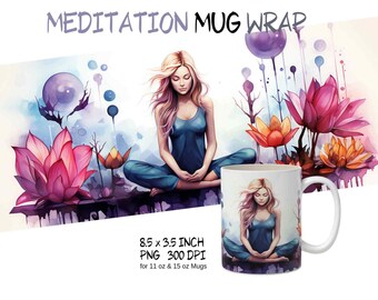 Meditation yoga mug wrap design png, yoga meditation sublimation, sports mug, yoga clipart, watercolor mug wrap png, office mug