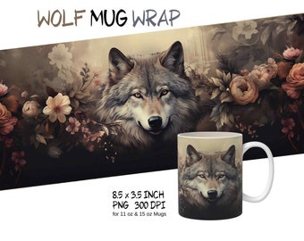 Vintage wolf mug wrap design png, sublimation coffee cup template, wolf lover, wolf with flowers design, wolf mug sublimation,