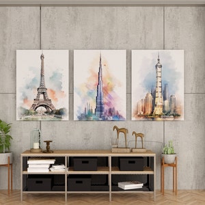 Watercolor paintings of Eiffel Tower, Shanghai Tower and Burj Khalifa, png design, wall art bundle, modern wall decoration, digital printable