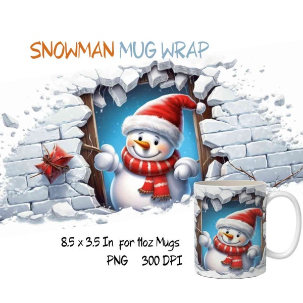 Snowman mug wrap png, christmas sublimation, 11oz mug wrap png, coffee mug design, cartoon illustration, winter, 300 dpi