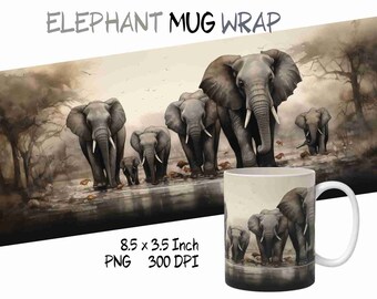 Elephant watercolor mug wrap design png, elephant sublimation wrap template, elephant clipart png, gift for elephant lovers