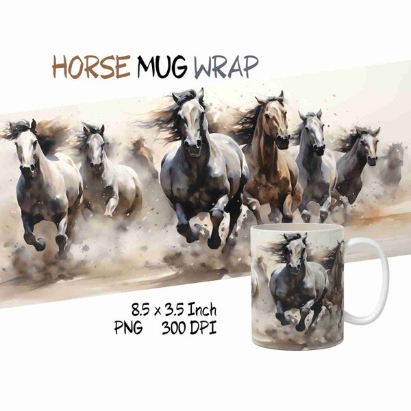 PNG file Horses watercolor, 11oz mug design, sublimation, PNG design, template, high resolution, print on demand