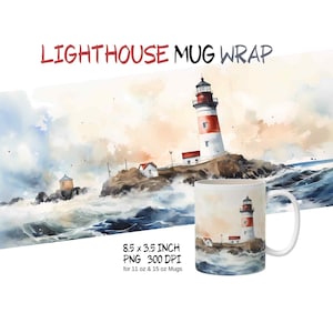 Watercolor lighthouse mug wrap png, lighthouse clipart, coffee mug design, lighthouse sublimation, nautical mug, lighthouse png