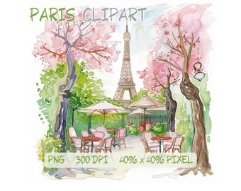 Paris Cafe & Eiffel Tower Watercolor Illustration - Sublimation Design, PNG, Spring in Paris, T-Shirt Printing