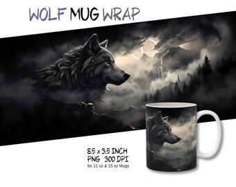 Wolf mug wrap design, wolf png, wolf mug, coffee mug wrap png, sublimation design, wolf lover, wolf mug design