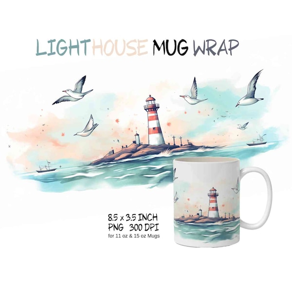 Leuchtturm pastell Aquarell Becher Wickel Design png, Leuchtturm Sublimation Vorlage, Leuchtturm Aquarell Clipart, Leuchtturm Liebhaber,