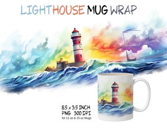 Lighthouse watercolor tumbler wrap design png, lighthouse clipart, ocean lighthouse, coastal clipart, nautical tumbler, lighthouse sublimation