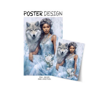 Wolf poster watercolor design png, African beauty with wolf, Wolf picture with woman, Wolf canvas png, Digital download