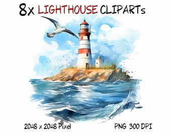 Watercolor lighthouse clipart design bundle png, ocean clipart, landscape sublimation clipart, printable watercolor landscape, nature motif