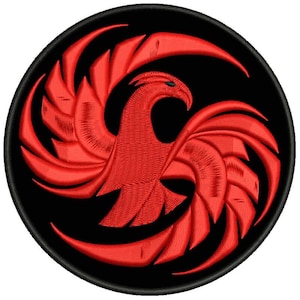 May include: Red embroidered patch featuring a stylised phoenix design on a black background.