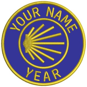 Patch bordado personalizado em forma de concha de vieira com tema de Saint James Way