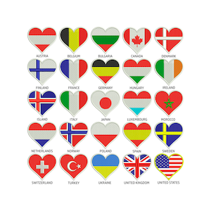 以下が含まれることがあります： オーストリア、ベルギー、ブルガリア、カナダ、デンマーク、フィンランド、フランス、ドイツ、ハンガリー、アイルランド、アイスランド、イタリア、日本、ルクセンブルク、モロッコ、オランダ、ノルウェー、ポーランド、スペイン、スウェーデン、スイス、トルコ、ウクライナ、イギリス、アメリカなど、さまざまな国の旗が描かれたハート型のワッペンを集めたものです。