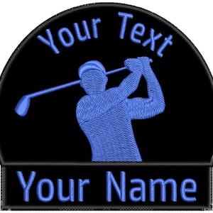 May include: A black and blue embroidered patch featuring a golfer swinging a club. The text "Your Text" is at the top and "Your Name" is at the bottom.