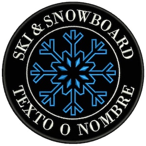 May include: Black and white embroidered patch with a blue snowflake in the center. The text "SKI & SNOWBOARD" is written in a circle around the snowflake. The text "TEXT O NOMBRE" is written in a circle around the outer edge of the patch.
