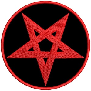 May include: A red pentagram on a black circular background. The pentagram is a five-pointed star with the points facing outwards.