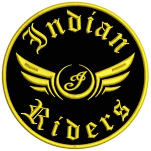May include: A black and gold embroidered patch with the words "Indian Riders" in a stylized font. The patch features a stylized "I" with wings.