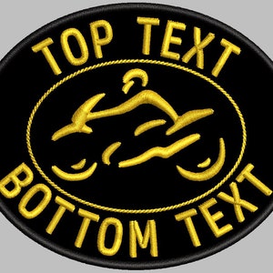 May include: Black and gold embroidered patch with a motorcycle design. The text "TOP TEXT" is at the top of the patch and "BOTTOM TEXT" is at the bottom.