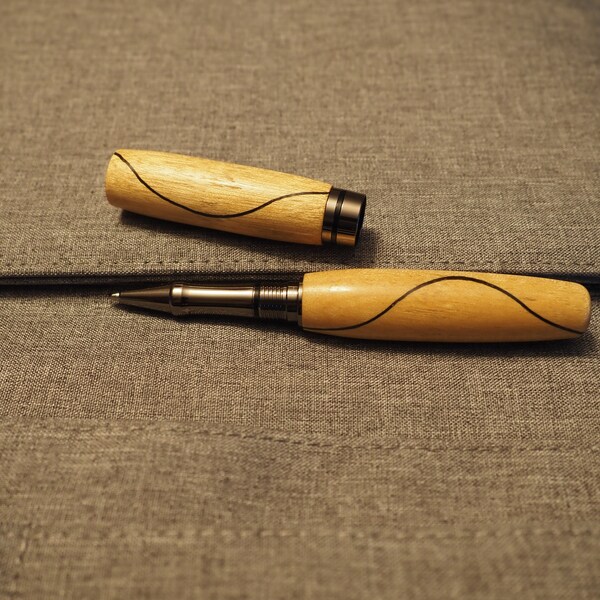 Yellowwood and burnt oak inlay, closed end pen, desk pen, friction polish finish