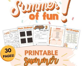 May include: A collection of printable summer activities for kids, featuring a photo challenge, travel journal, and art prompts. The design includes the words "Summer of fun" in orange and white, with a yellow circle stating "30 pages!"