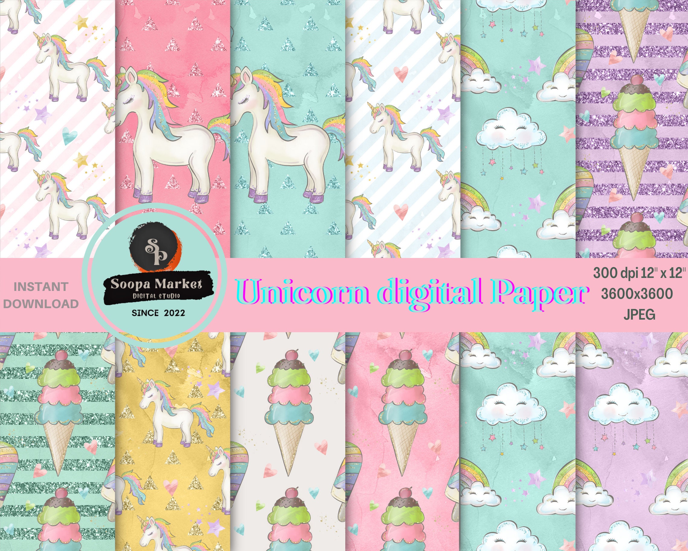 Unicorn Digital Paper Unicorn Paper Seamless Pattern Etsy