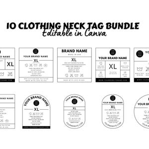 Paquete de 10 etiquetas de ropa editables, etiquetas para el cuello de camisetas, etiquetas de cuidado de prendas DIY, etiquetas de ropa personalizadas, instrucciones de lavado, plantilla de Canva