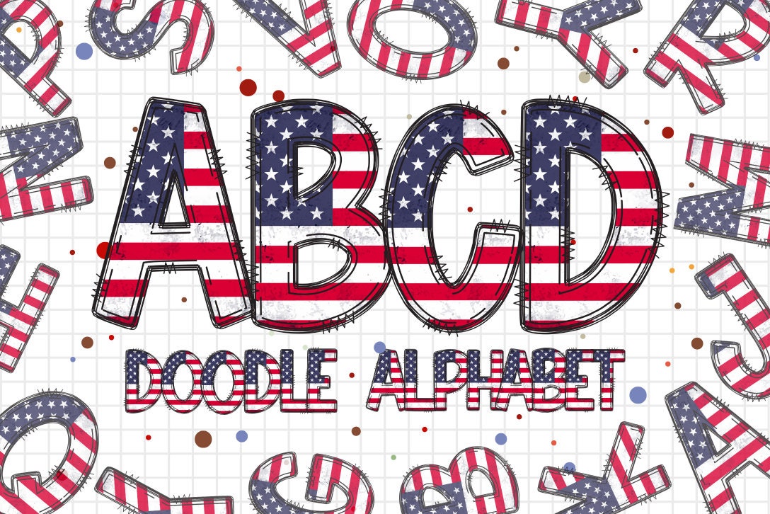 USA Alphabet Letters PNG Bundle, Patriotic American Flag Doodle Letters, Hand Drawn Alphabet Doodle, Sublimation Alpha Set Designs PNG
