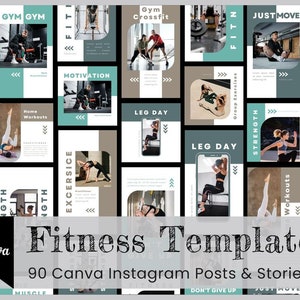 90 Fitness Instagram Template Bundle. Canva Templates. Healthy Lifestyle Instagram. Nutrition & Fitness. Fitness coach.