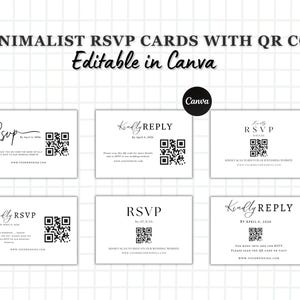 6 tarjetas RSVP minimalistas con código QR, elegantes tarjetas de respuesta para bodas, plantillas de invitación de boda editables