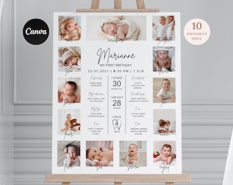 Minimalist 1st Birthday Milestone Board, Baby’s First Year Poster, Editable Birthday Sign, Photo Collage Template, Printable Keepsake