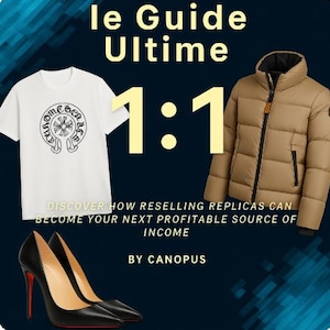 May include: A graphic with the text "le Guide Ultime 1:1" in yellow on a black background. The text "DISCOVER HOW RESELLING REPLICAS CAN BECOME YOUR NEXT PROFITABLE SOURCE OF INCOME" is below the graphic. The text "BY CANOPUS" is below the text. There is a white t-shirt with a black graphic on the left side of the image. A brown puffer jacket is on the right side of the image. Two black high-heeled shoes are at the bottom of the image.