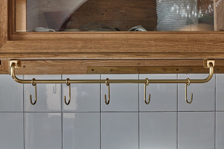Solid Brass Hanging Kitchen Rail With Hooks Etsy