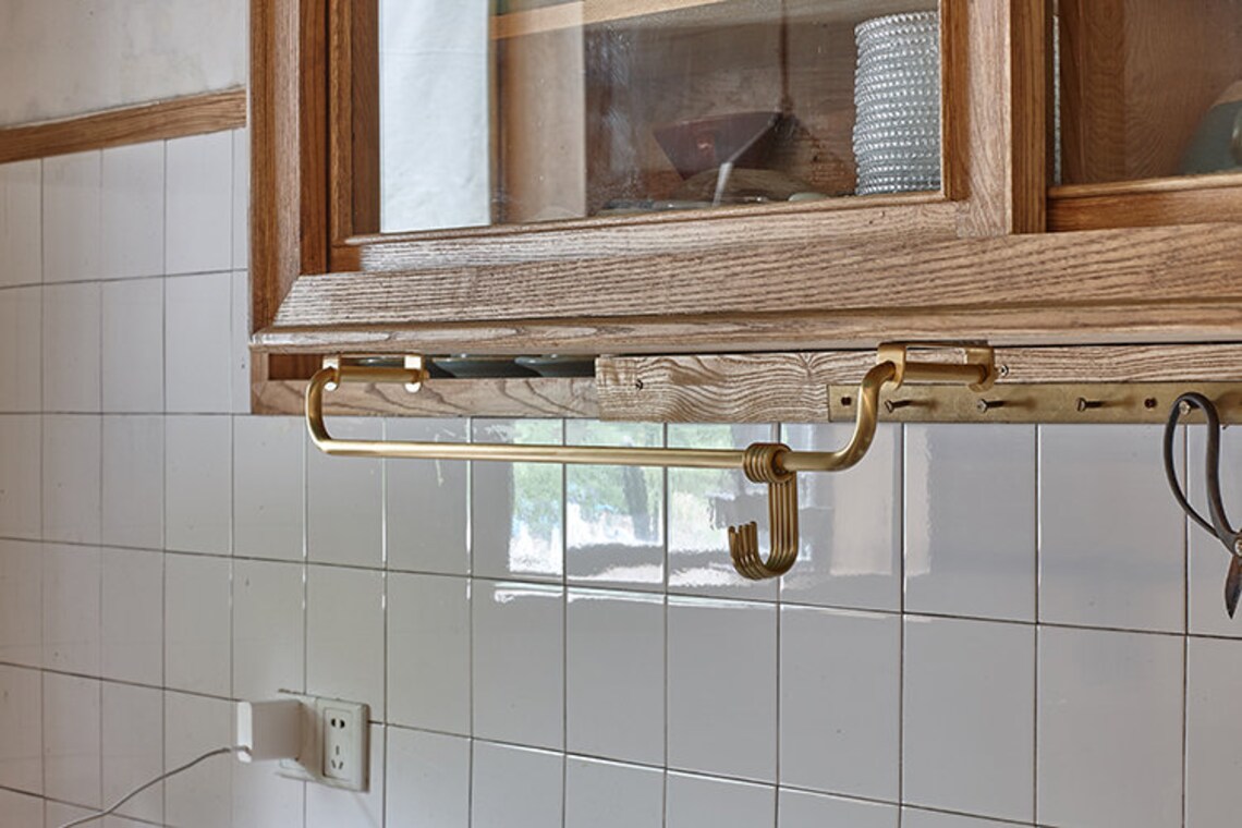 Solid Brass Hanging Kitchen Rail With Hooks Etsy