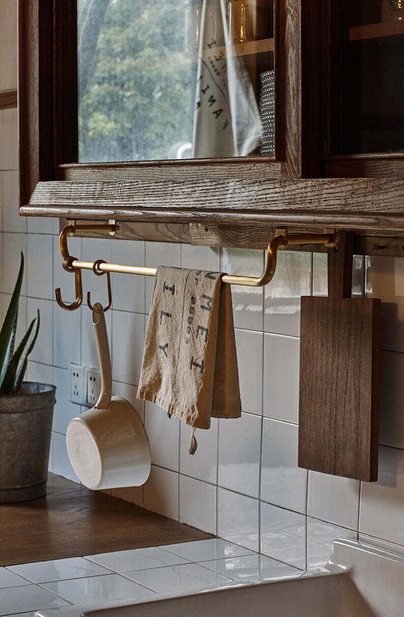 Solid Brass Hanging Kitchen Rail With Hooks Etsy