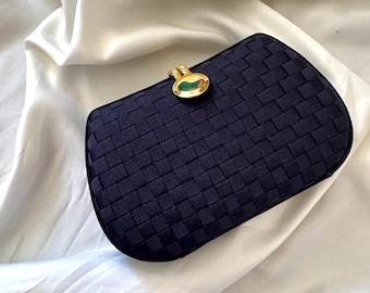 Clutch de noite vintage azul-marinho em tecido trançado | Bolsa com fecho dourado | Bolsa estruturada para coquetéis | Acessórios formais clássicos