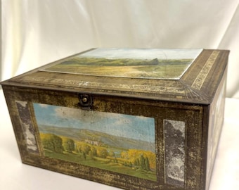 Vintage geverfde metalen opbergdoos | Upstate New York-motief
