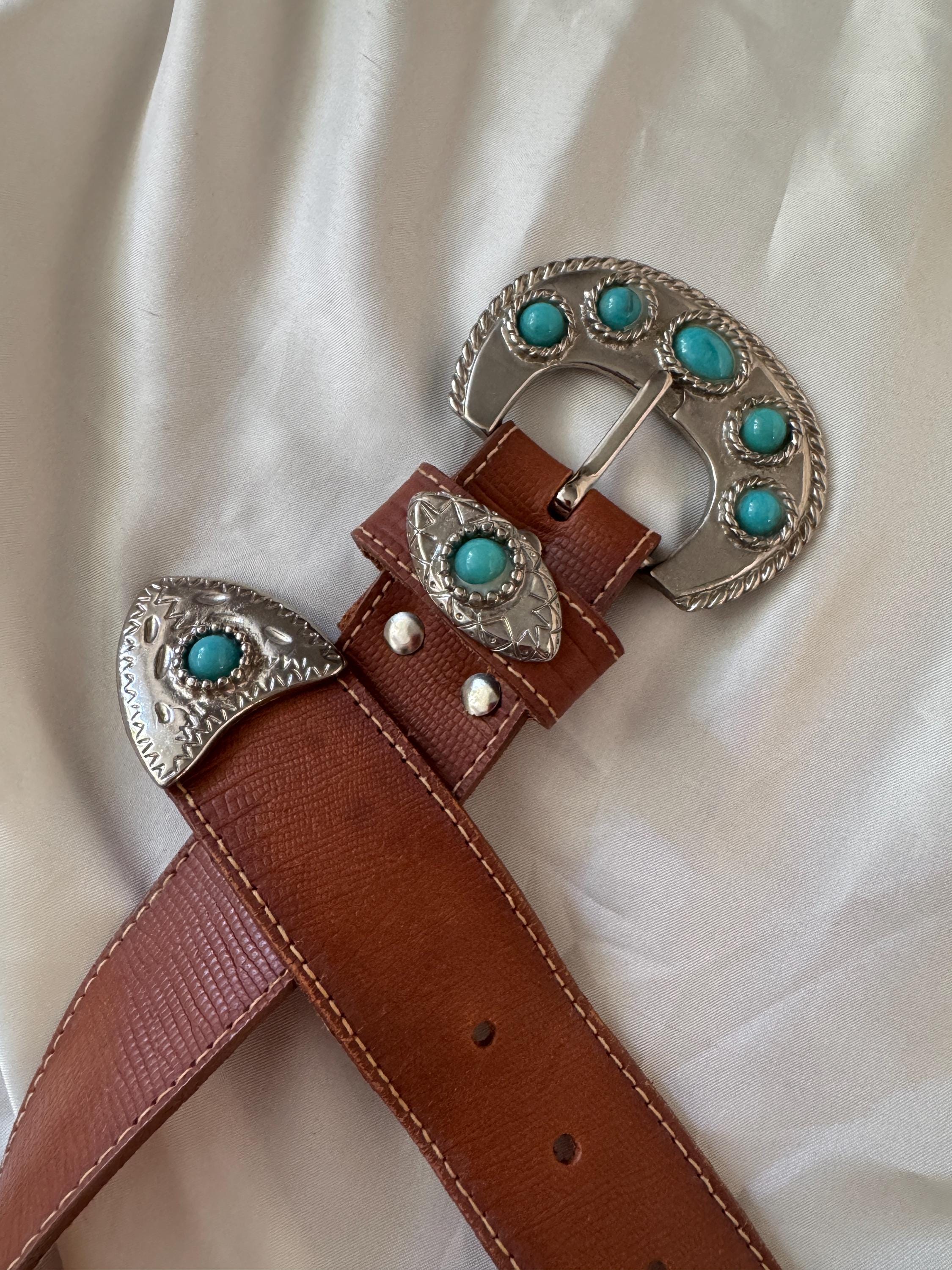 Western Leather Belt With Turquoise Buckle | Brown Leather  display picture 3