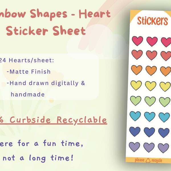 Heart Sticker Sheet for Kids - Rainbow, Crafting Stickers, Planner Stickers, Educational Crafts, ECO STICKERS, Fully Recyclable