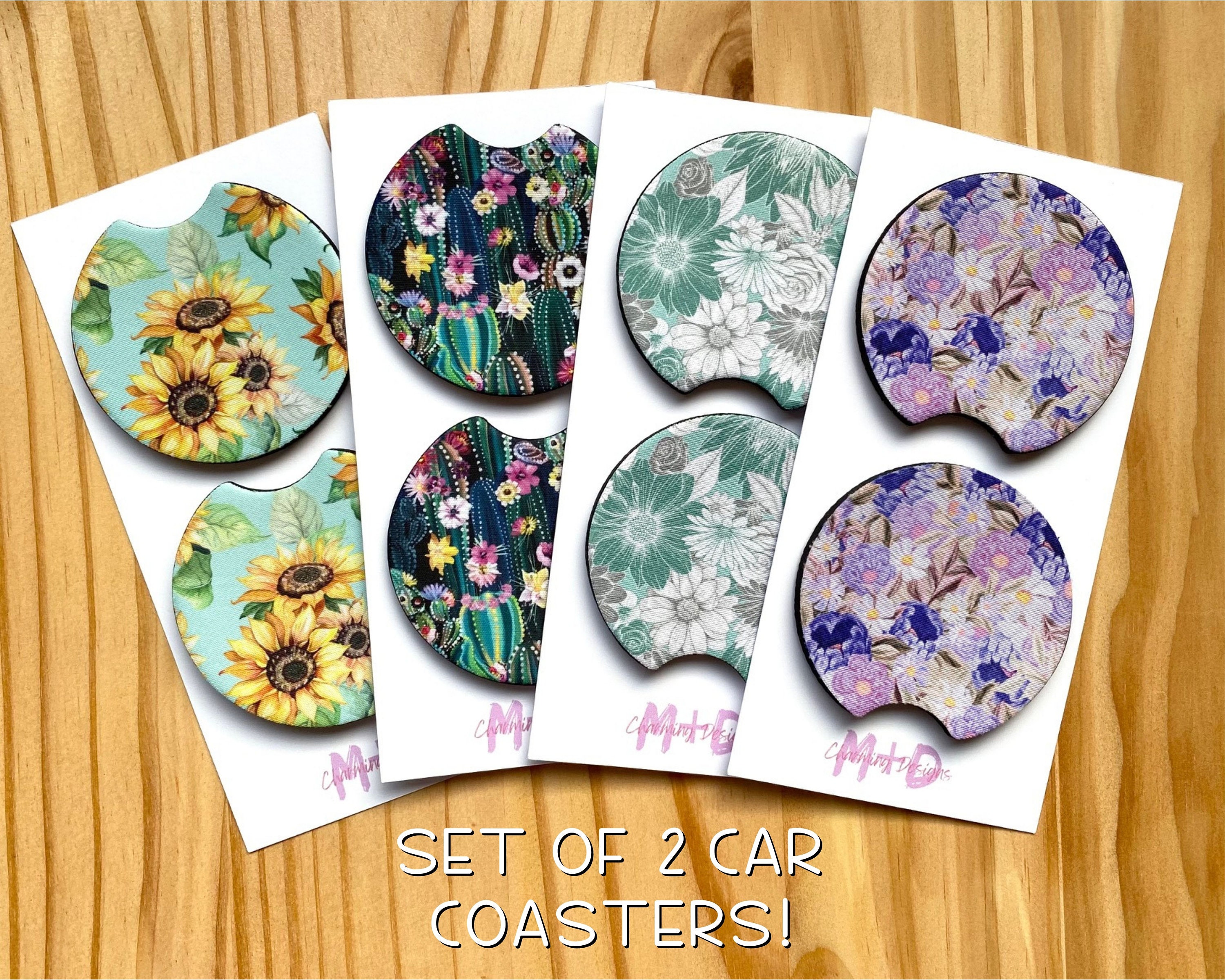 Floral Ceramic Cup Holders Car Coasters for Women/Men,Absorbent Drink Cup Car Holder Coasters with A Finger Notch 2.56 Pack of 2,Hawaiian Colorful