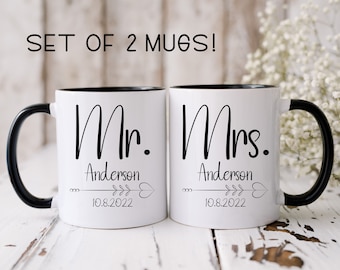 Set of 2 Mr and Mrs Mugs, Wedding Mug Set, His and Hers Mugs, Custom Couple Mugs, Newlywed Gift Idea, Marriage Mug Set, Anniversary Mug Set
