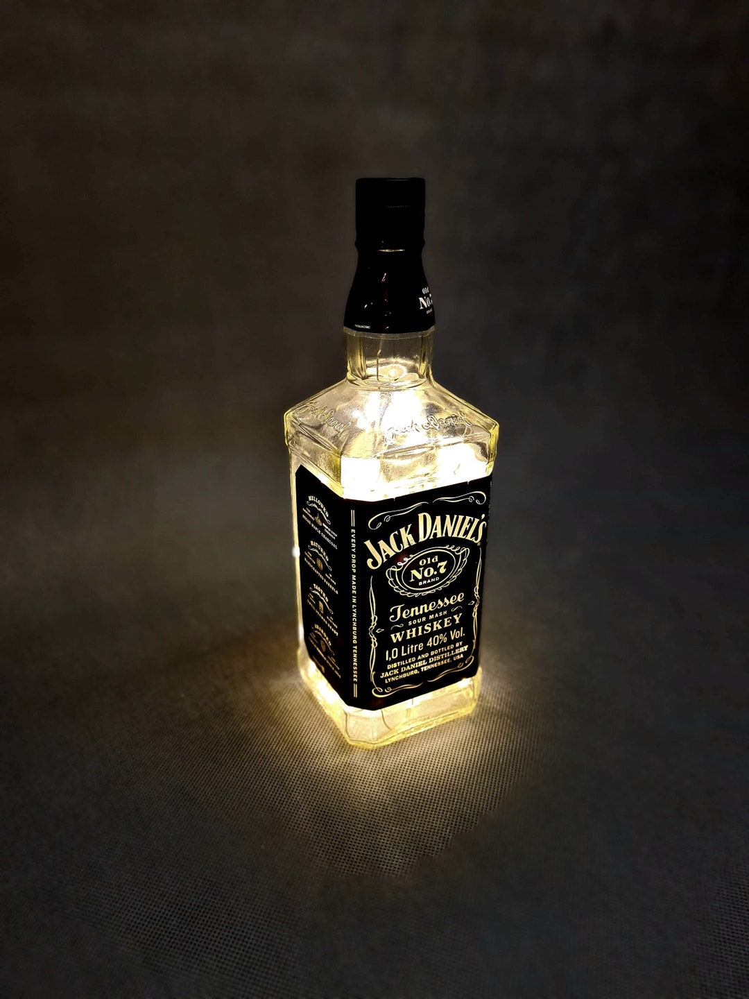 Upcycled Jack Daniels Whiskey Bottle Lamp With Warm LED Lights Unique