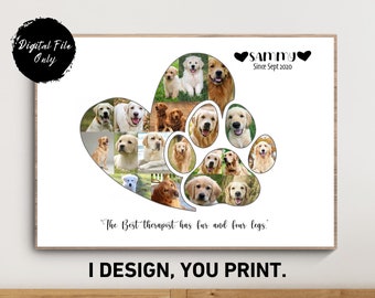 Custom dog photo collage, dog personalized memorial, Dog room wall poster, dog paw heart print, printable digital.