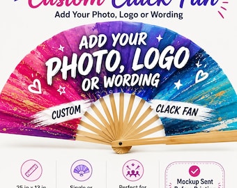 Custom Clack Fan | Personalized Large Folding Fan with Photo, Logo or Text | Party and Event Accessory