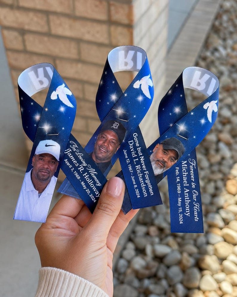 Blue Ribbon Memory Custom Memorial Ribbons | Funeral Photo Ribbons | Personalized Memorial ...