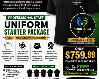 21 Custom Business Polo Shirts | Staff Uniform Package | Black Polos with Left Chest Logo