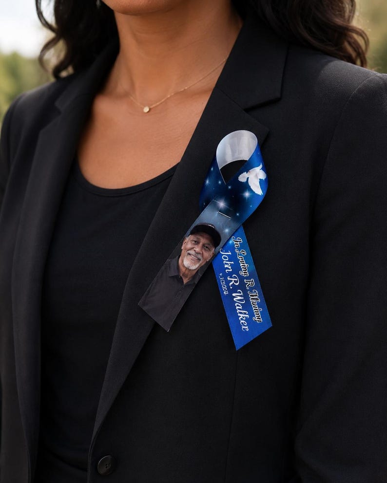 Blue Ribbon Memory Custom Memorial Ribbons | Funeral Photo Ribbons | Personalized Memorial ...