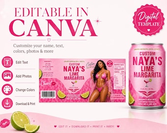 Custom Margarita Cocktail Label, Editable Party Drink Label, Birthday Drink Wrap, Girls Trip Favor, Bachelorette Can Label, Canva Template